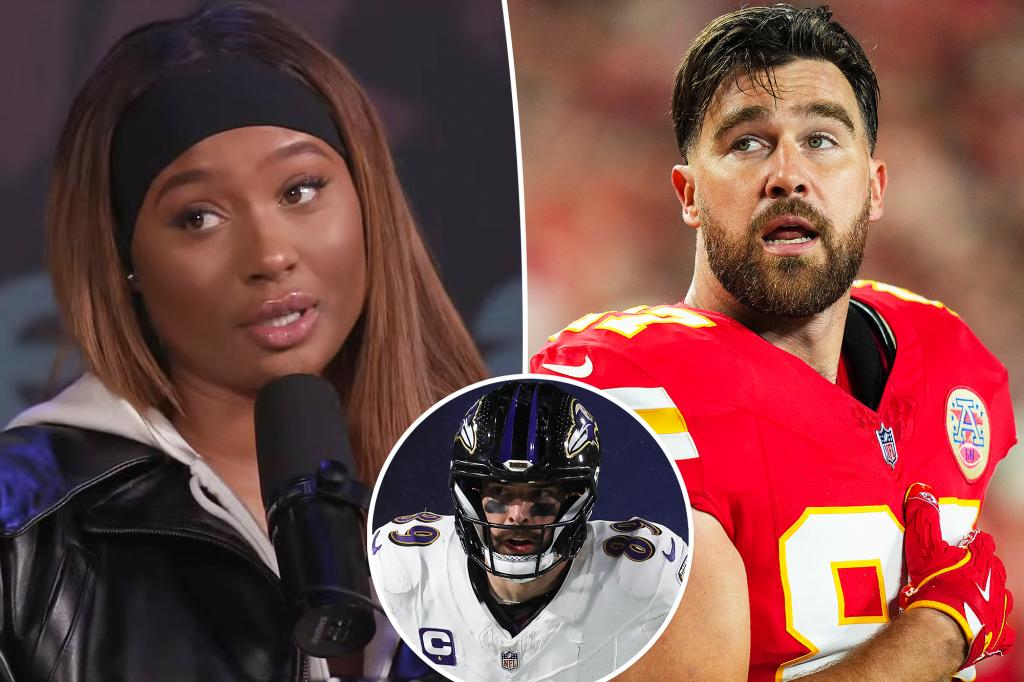 Kayla Nichol elogia o ex-Travis Kelce enquanto acompanha o tight end dos Ravens, Mark Andrews, após a derrota nos playoffs